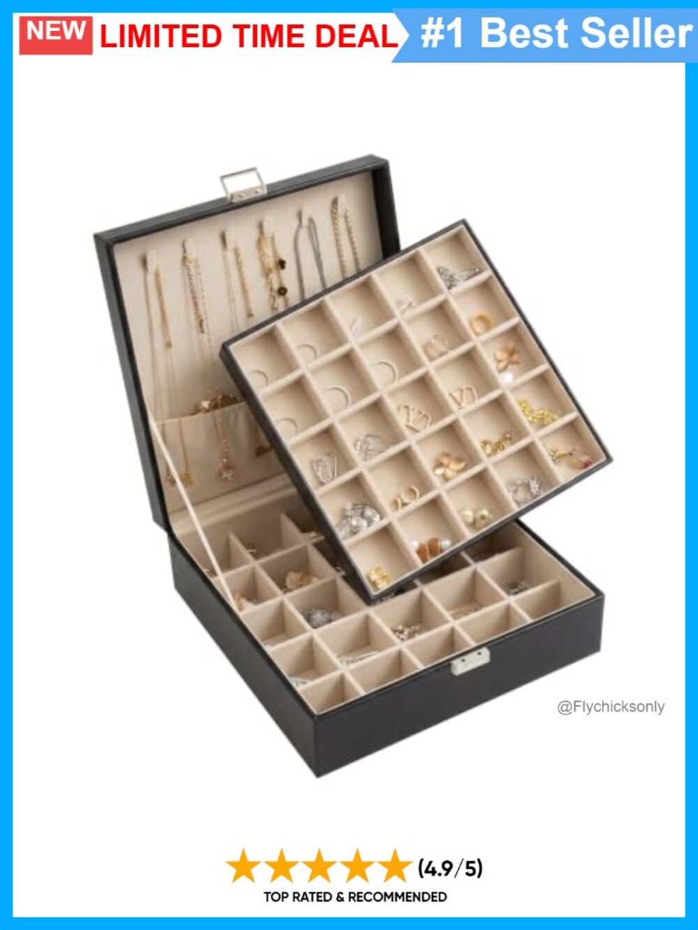 50 Grid 2 Layer PU Leather Jewelry Box Organizer Necklace Hook Lock Mirror